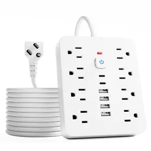 14-in-1 surge-protected power strip with 8 AC ports, 4 USB ports & 2 Type-C ports. Wall-mountable US plug power extension with overload protection and independent controls—essential for home/office safety. Available in 5ft or 10ft cords.