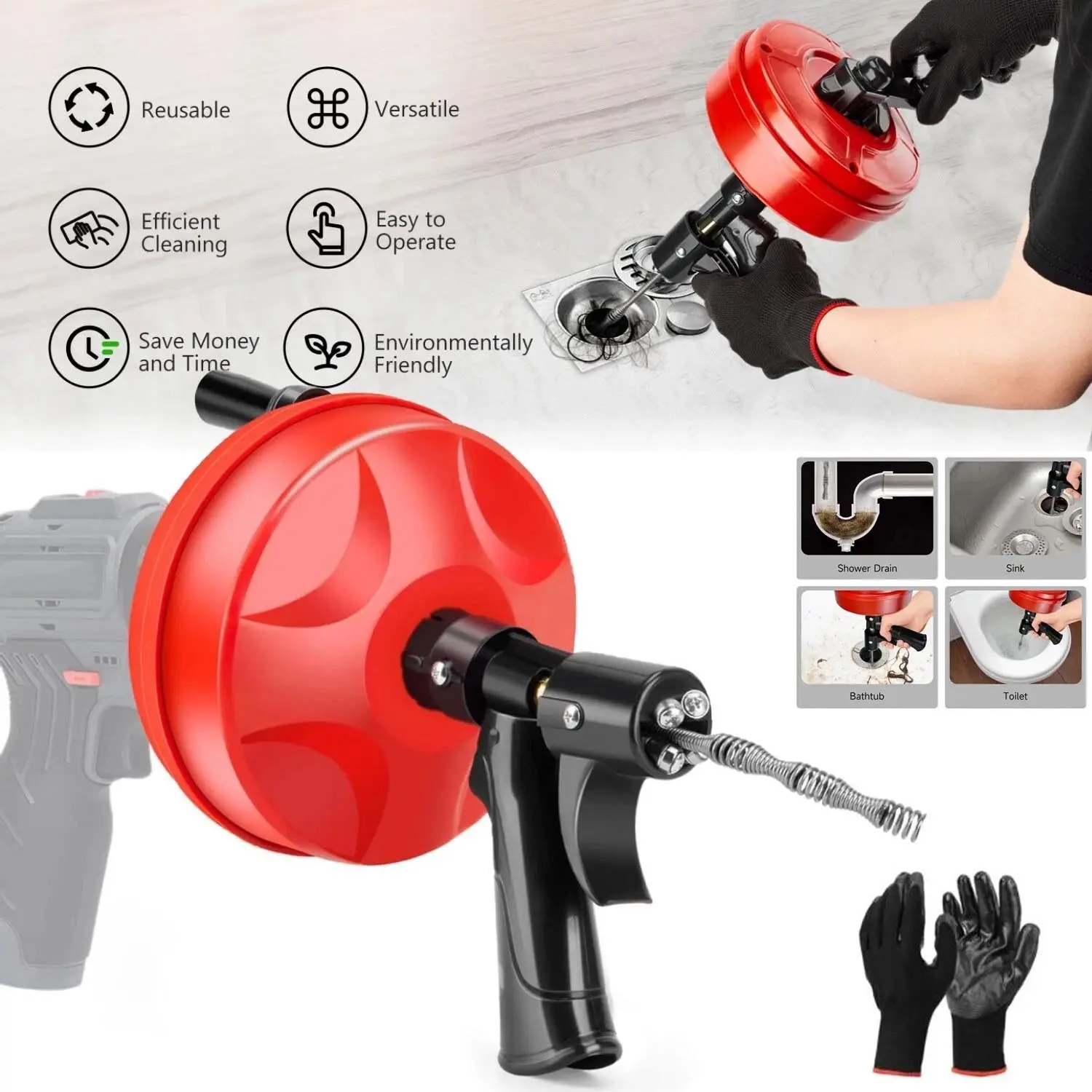 Drain Cleaner Machine, 25ft 1/4in Drain Cleaning Machine, Manualfeed Drain Auger Drum Plumbing Drain Snake Clog Remover
