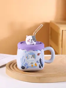 Diving Cat Ceramic Mug with Lid and Straw - Reusable and Washable Coffee Drinkware