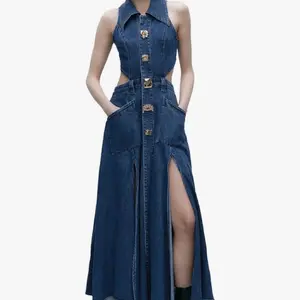 Women's Casual Denim Dresses Lapel Sleeveless Cut Out Side Slit with Big Pockets