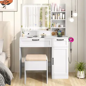 COSTWAY - Vanity Set with Mirror and 3 Lighting Modes and Adjustable Brightness-White