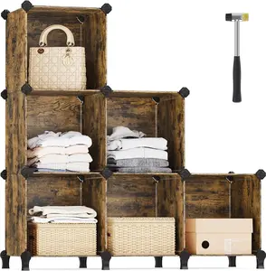 6 Cube Storage Organizer, DIY Closet Shelf, Plastic Clothes Organizer, Modular Bookcase, with Feet and Rubber Mallet, Rustic