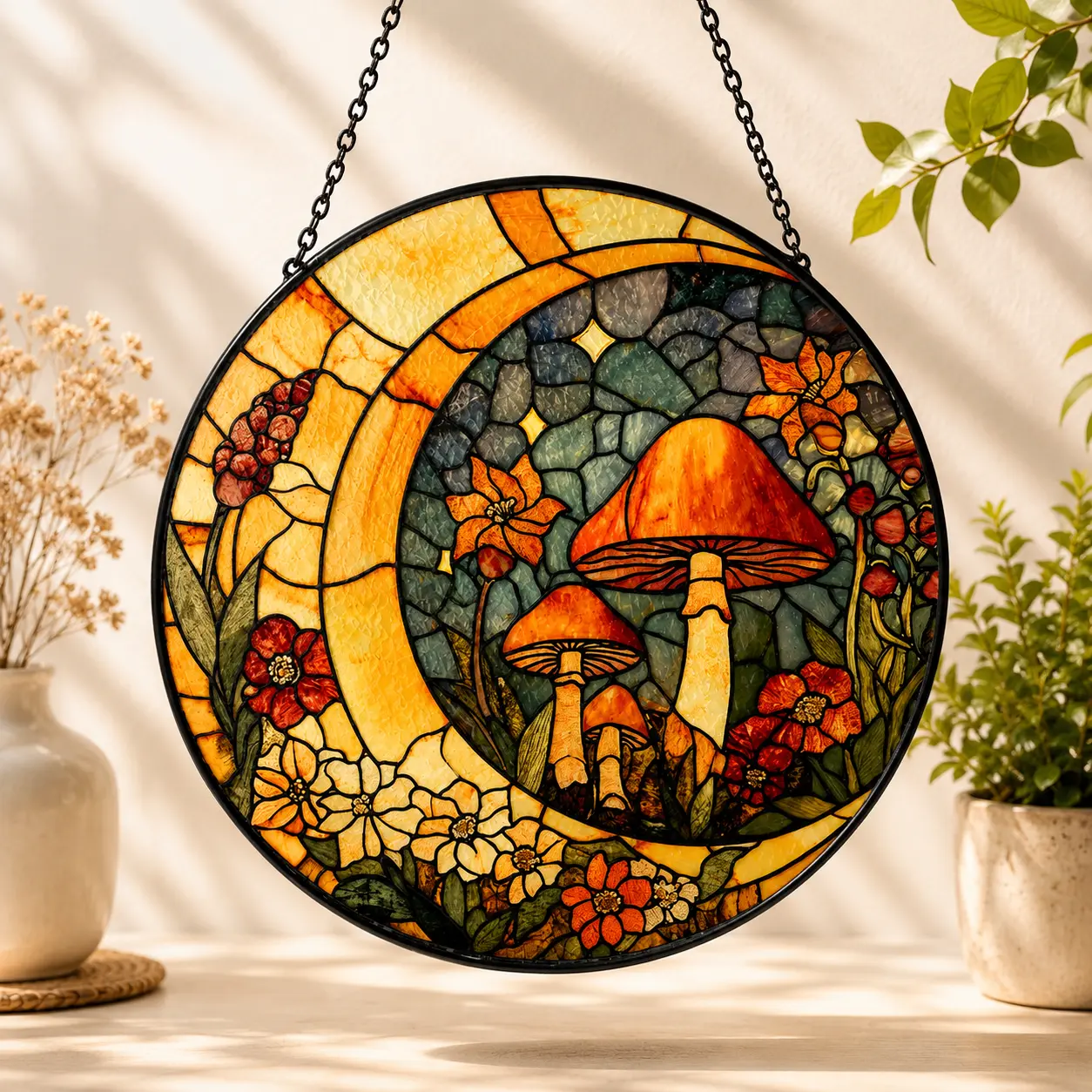 Moon Mushroom Stained Glass Suncatcher, Crescent Moon Window Hanging, Cottagecore Mushroom Decor, Forest Botanical Glass Panel, Round Nature Suncatcher Gift