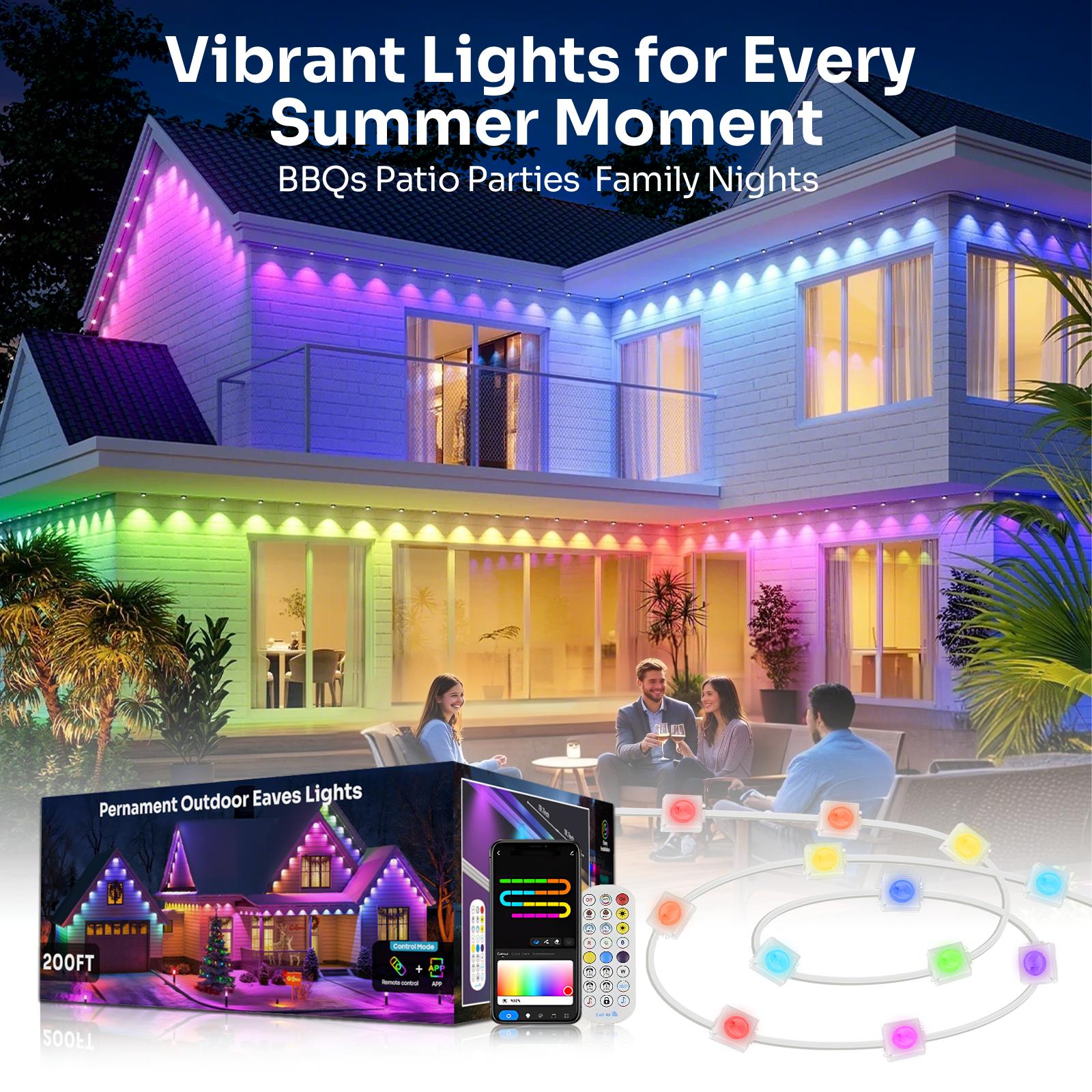 HYPERLITE RGB IC Eaves Lights with 30/60 LEDs, Permanent Outdoor Lighting, Music Sync Party Lights, IP67 Waterproof, Bluetooth APP & Remote Control, 50/100 Feet - Perfect for Decorative，SpringGlowUp