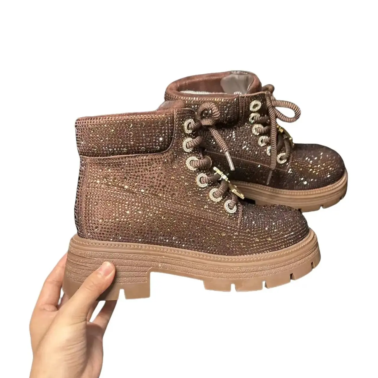 Women's Glitter Rhinestone Cuban Star Statement Ankle Boots - Chunky Sole, Lace-Up, Comfortable Wide Fit Winter Walking Shoes for Casual Wear