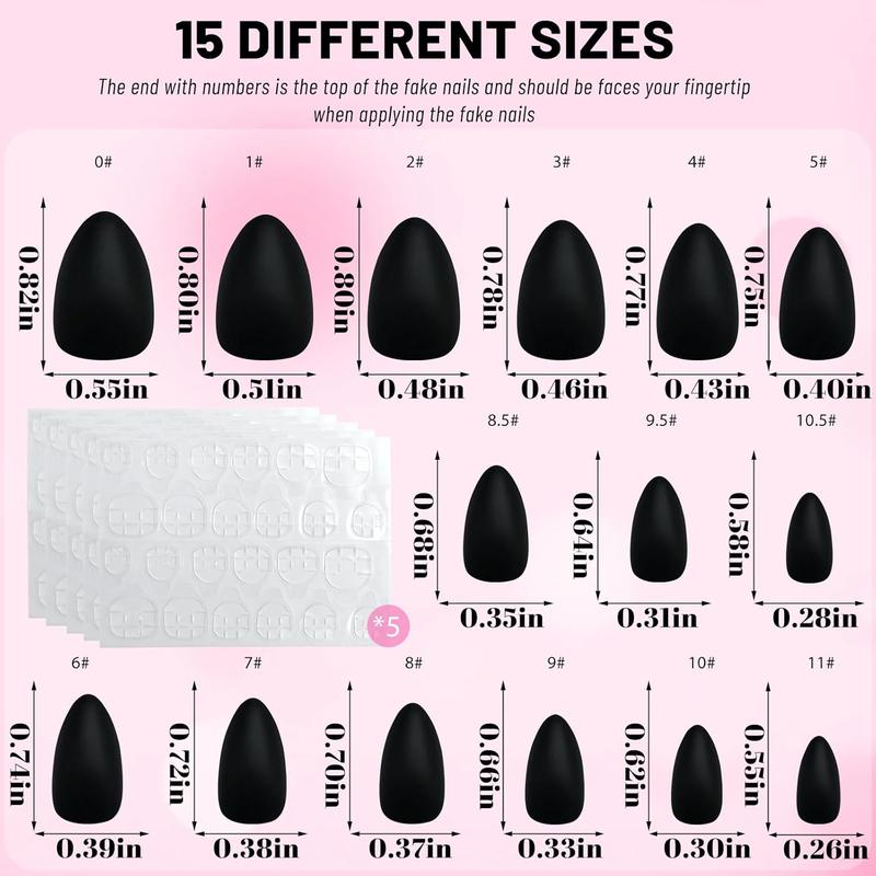 Luckforever 360Pc Almond Press-On Short Fake Nails with Glue Tabs, Short False Nails Black Acrylic XS Stiletto Artificial Nails LuckForever