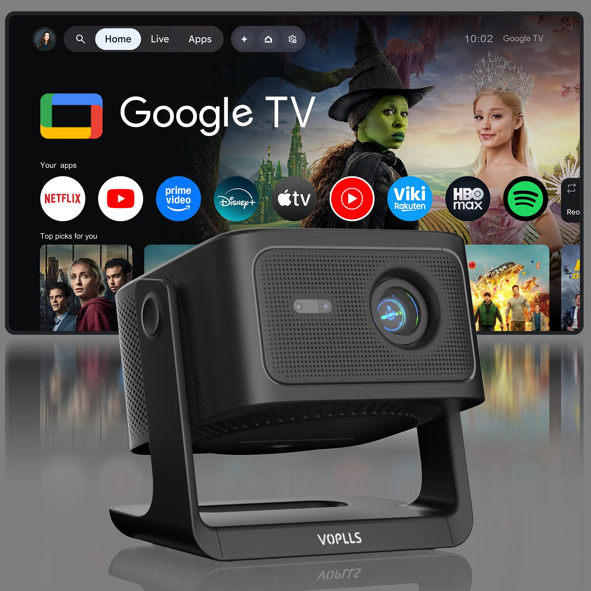 VOPLLS Google TV Projector, 800 ANSI Lumens, 1080P Native 4K Support, Auto Focus, Dolby Audio, WiFi Bluetooth, Outdoor Movie & Sports Projector