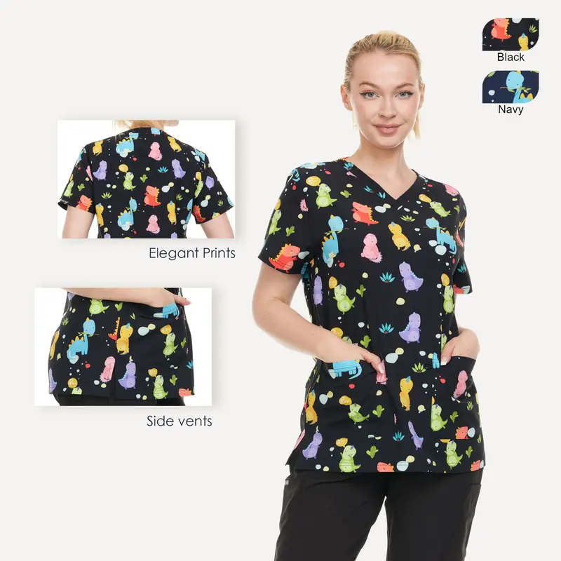HEAL+WEAR Women’s Printed V-Neck Scrub Top – 4-Way Stretch - Multi-Pocket, Soft Stretch Fabric – Fun Dinosaur Pattern | Clinical Scrubs | Nurse Beauty Salon Workwear | Spa Doctor Nursing Clinical Suit