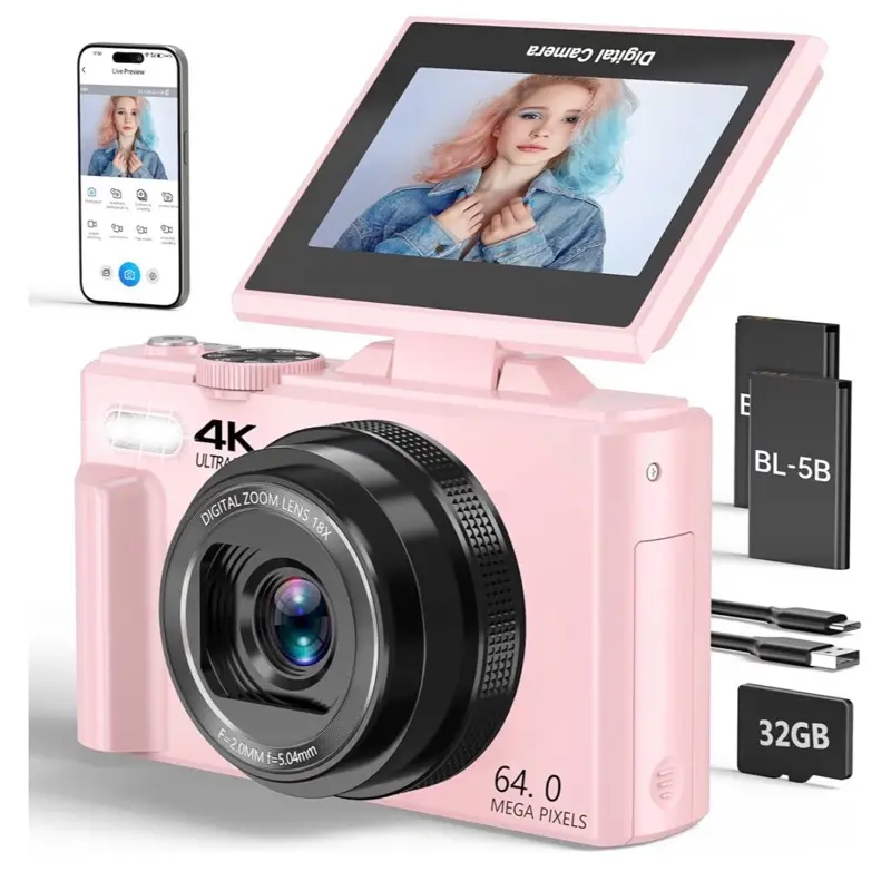 4K 64MP Point and Shoot Digital Camera for Beginner Photography & Vlogging - 3" 180° Flip Screen, 18X Digital Zoom, Rechargeable, Recording Function, 32GB Micro Memory Card Included