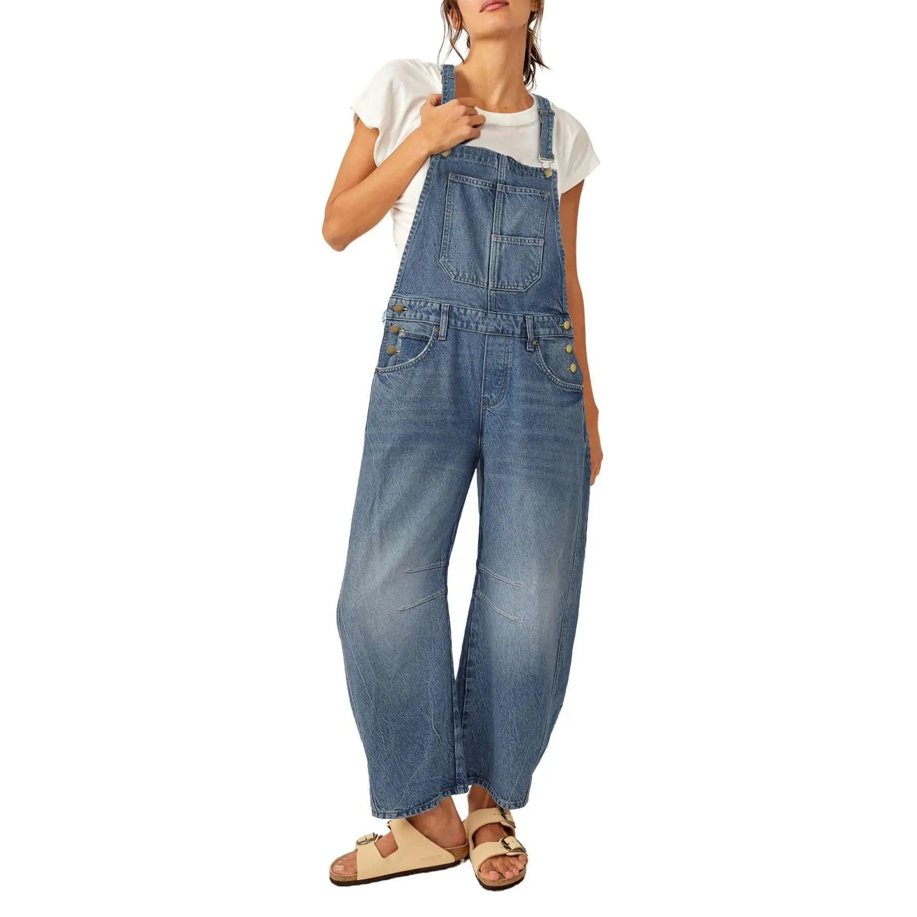 Renaishow Women's Cute Sleeveless Plain Denim Bib Overalls - Casual, Comfortable, Baggy, Adjustable Straps Barrel Leg Jean Jumpsuits with Buttons Closures, Pockets, Flattering Fit Pants, Jeans, Solid, Pocketed, All Season, Do Not Dry Clean