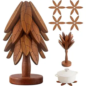 Tree coasters, wooden trivets for hot dishes/pots/bowls/teapots/pans — tree-shaped trivet set: 4 wooden trivets plus 1 stand stored; kitchen decor gifts for him/her (leaf pattern, 4 pieces).
