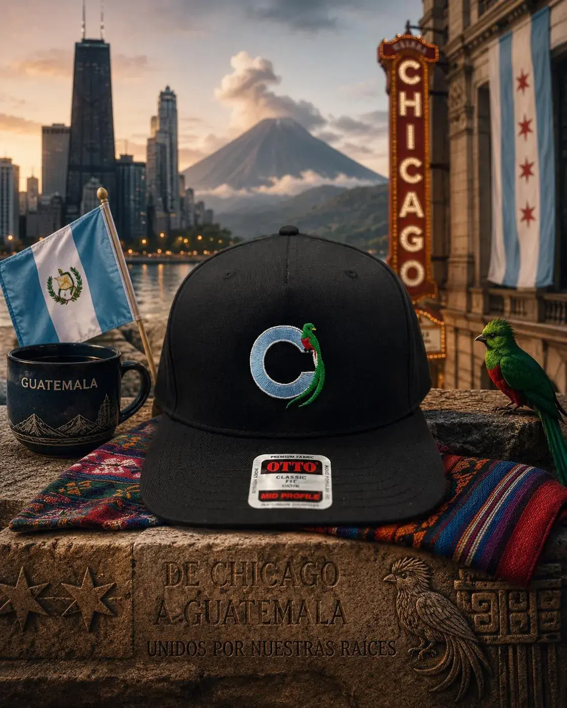 Chicago Quetzal Bird Embroidered Snapback Cap | Guatemalan Heritage Otto Hat