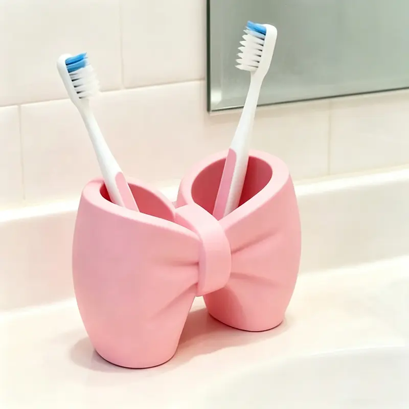Toothbrush Holder, Plastic Toothbrush Stand, Adorable Bow Shaped, Pen Holder, Plastic Freestanding Bow Accent for Bathroom, Bedroom - Cute Toothbrush & Pen Display for Access (No Installation Needed)