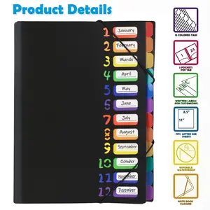 Colorful Label A4 File Folder with Monthly Dividers, Durable Plastic Document Organizer for School Office Home Use, Cover