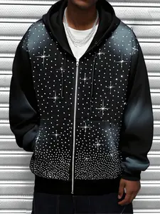 Trendy Hooded Zipper Sweatshirt with Sparkling Starry Sky Rhinestones, Casual Loose-Fitting Pullover for Party, Streetwear, Travel