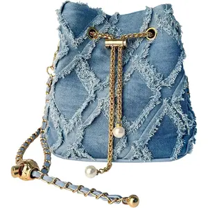 Denim Bucket Bag Quilted Jean Purse for Women Hobo Crossbody Handbag, Washed Blue  Bag with Adjustable Chain Strap