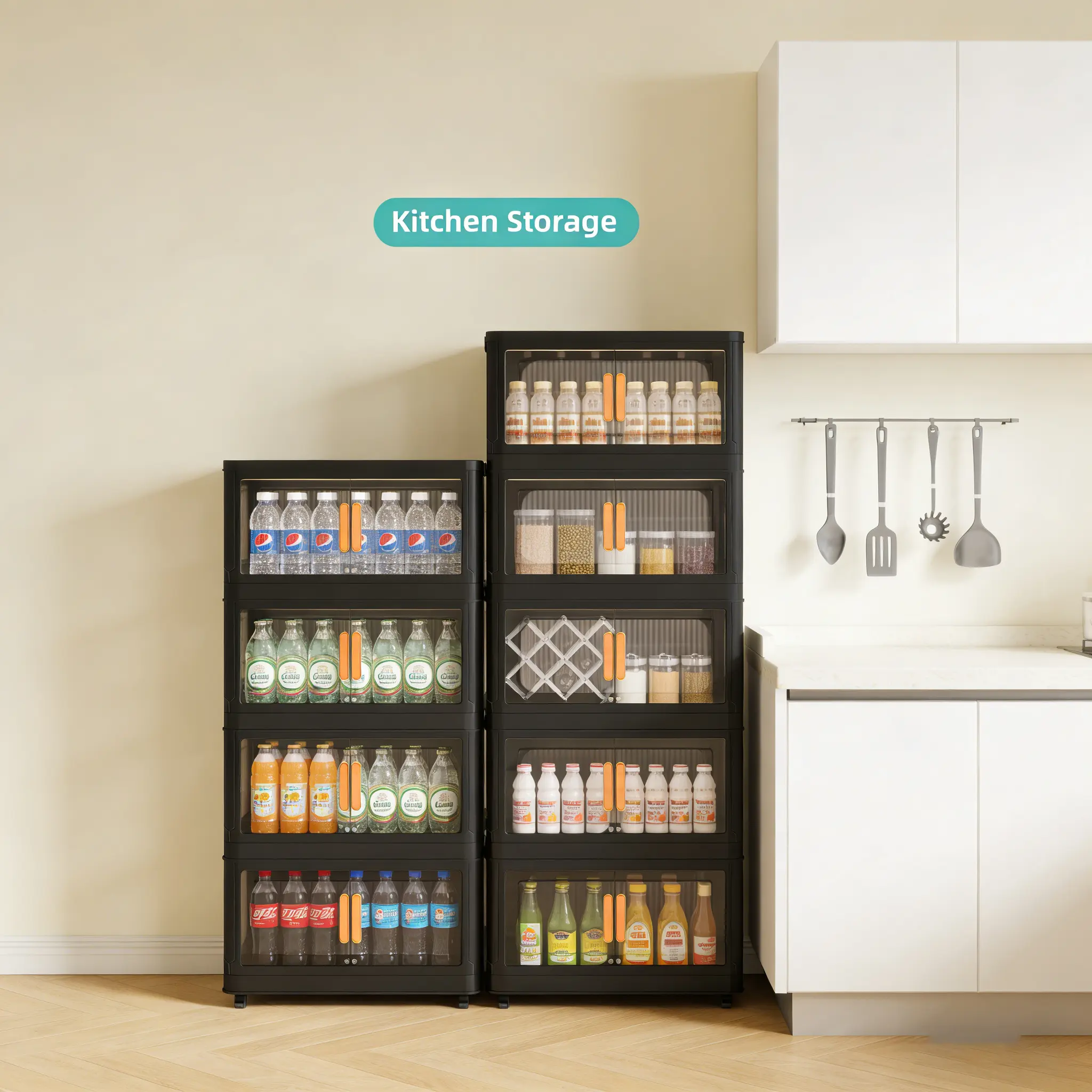 Foldable Plastic Storage Cabinet - Thick PP Multi-Tier Stackable Organizer with Wheels, Easy Assembly, Space-Saving, Adjustable Multi-Layer Boxes for Closet, Kitchen Pantry, Dresser Organization (Organization Ideas Included)