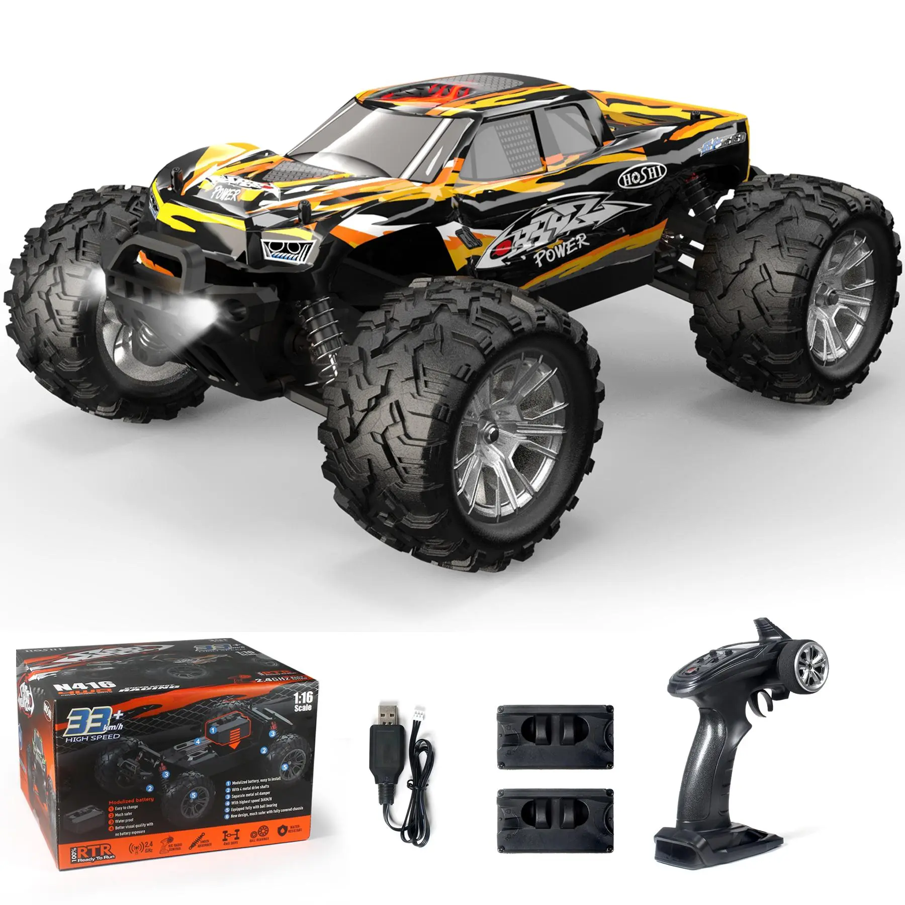 HOSHI N416 1:16 Scale RC Model Car - 4WD Electric Remote-Controlled Car, 2.4 GHz Remote, 36 KPH High-Speed Waterproof Off-Road Truck, 2 Module Cells, for 10-12 Years Outdoor Play, Birthdays Gift