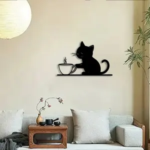 1pc Cat and Coffee Cup Metal Wall Art, Cat and Coffee Cup Statue Mural, Perfect for Cafe Corner, Breakfast Nook, Gourmet Wall Decor, Coffee Lovers Day Decor, Ideal Gift for Coffee Connoisseurs