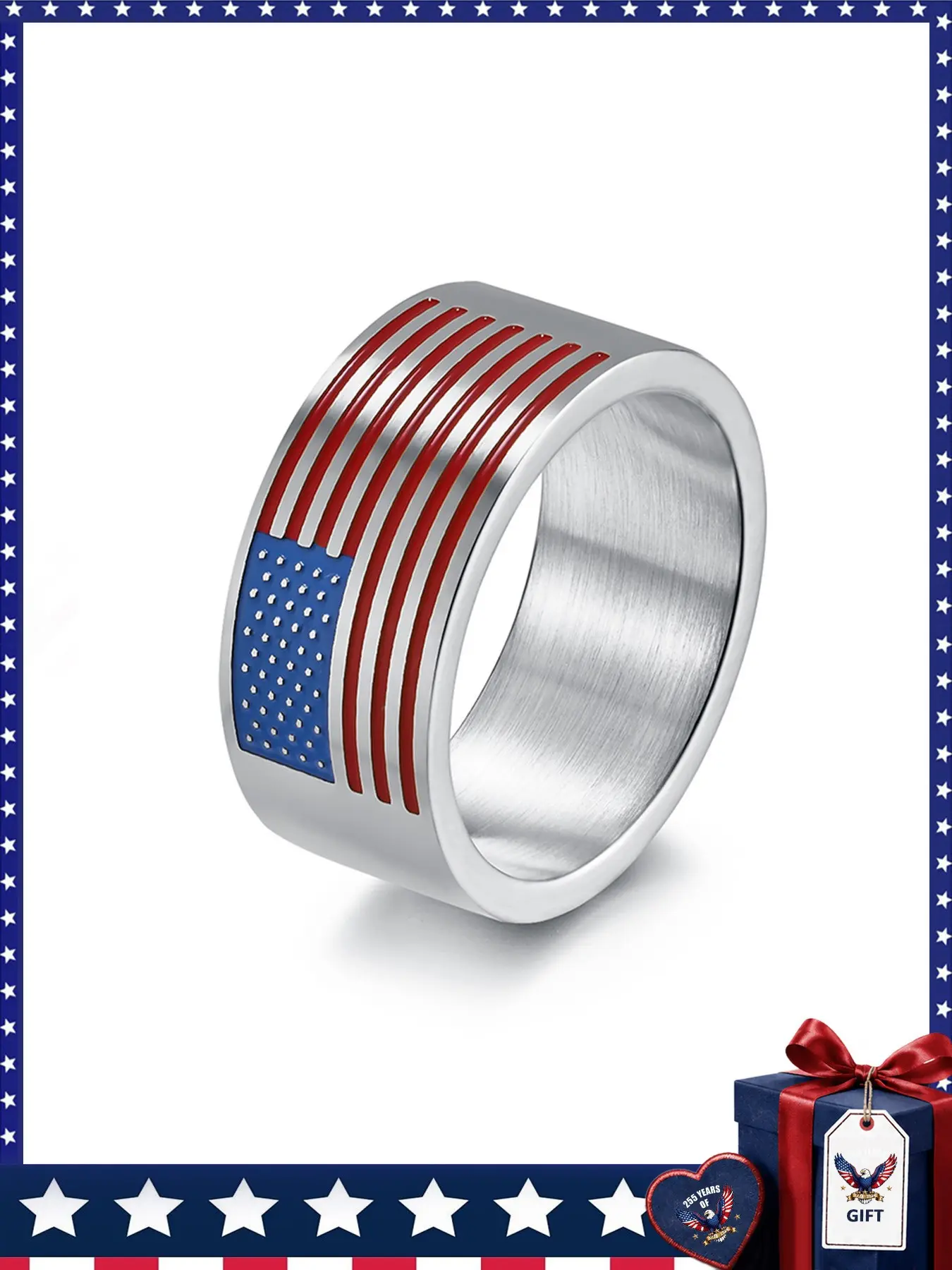 American Flag Stainless Steel Ring, Unisex Patriotic Jewelry, Wide Band, Perfect Gift for Dad/husband, Independence Day Accessory