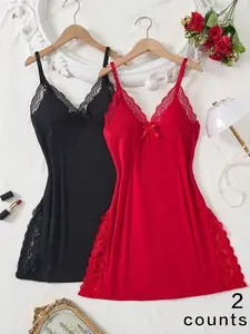 Halter Lace Solid Color Skirt Fashion Slit Design Bow Lace Patchwork Light Romantic Comfortable Home Wear Blue Womenswear night gown women night gown women Nightwear Loungewear Spaghetti Strap Sleeveless Basic Fitted Minimalist Sexy