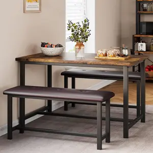 Retro Brown 3-Piece Dining Room Set - Rectangular MDF Top Kitchen Table with 2 Upholstered Benches, Space Saver Seats 4, Ideal for Small Spaces, Apartments