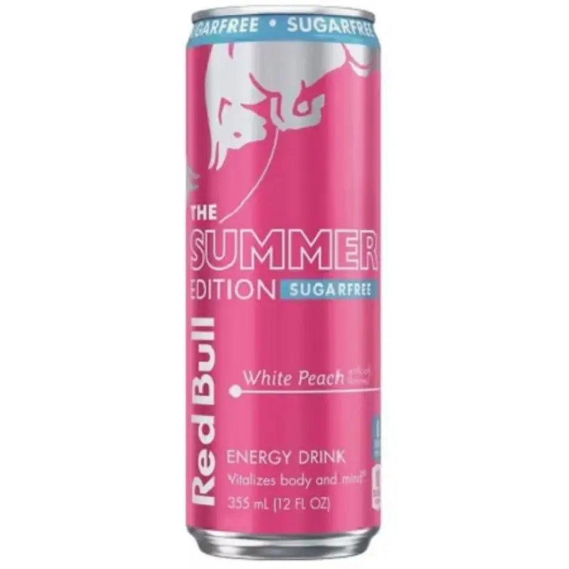 24x Red Bull Sugar Free Summer Edition White Peach - Sports Energy Drinks Caffeinated Beverage Liquid Refreshing Workout Fuel Focus Zero Carb Low Calorie Bundle Wholesale Pack Bulk Lot Value Stock Up Beverage Soda Alternative 12oz 24ct