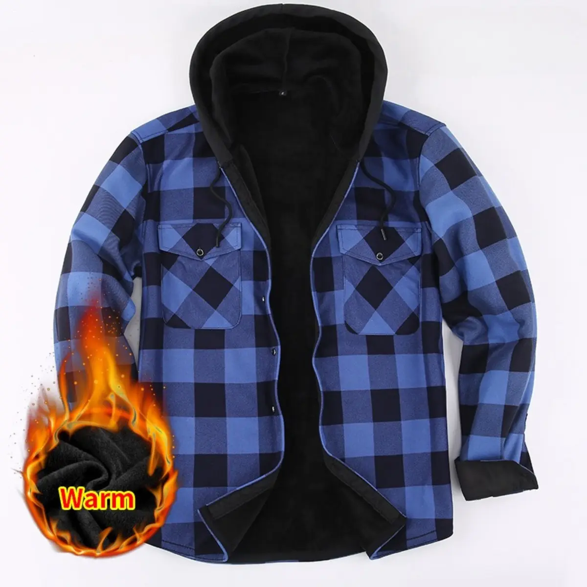 Men's Hooded Plaid Fleece Lined Shirt, Thick Warm Long Sleeve Overshirt with Multi Pockets