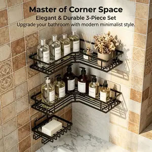 3PCS No-Drill Bathroom Corner Shower Caddy Set, Rustproof Black Metal Wall Mounted Organizer with Soap Holder, Waterproof Adhesive Shelves for Bathroom & Kitchen Storage