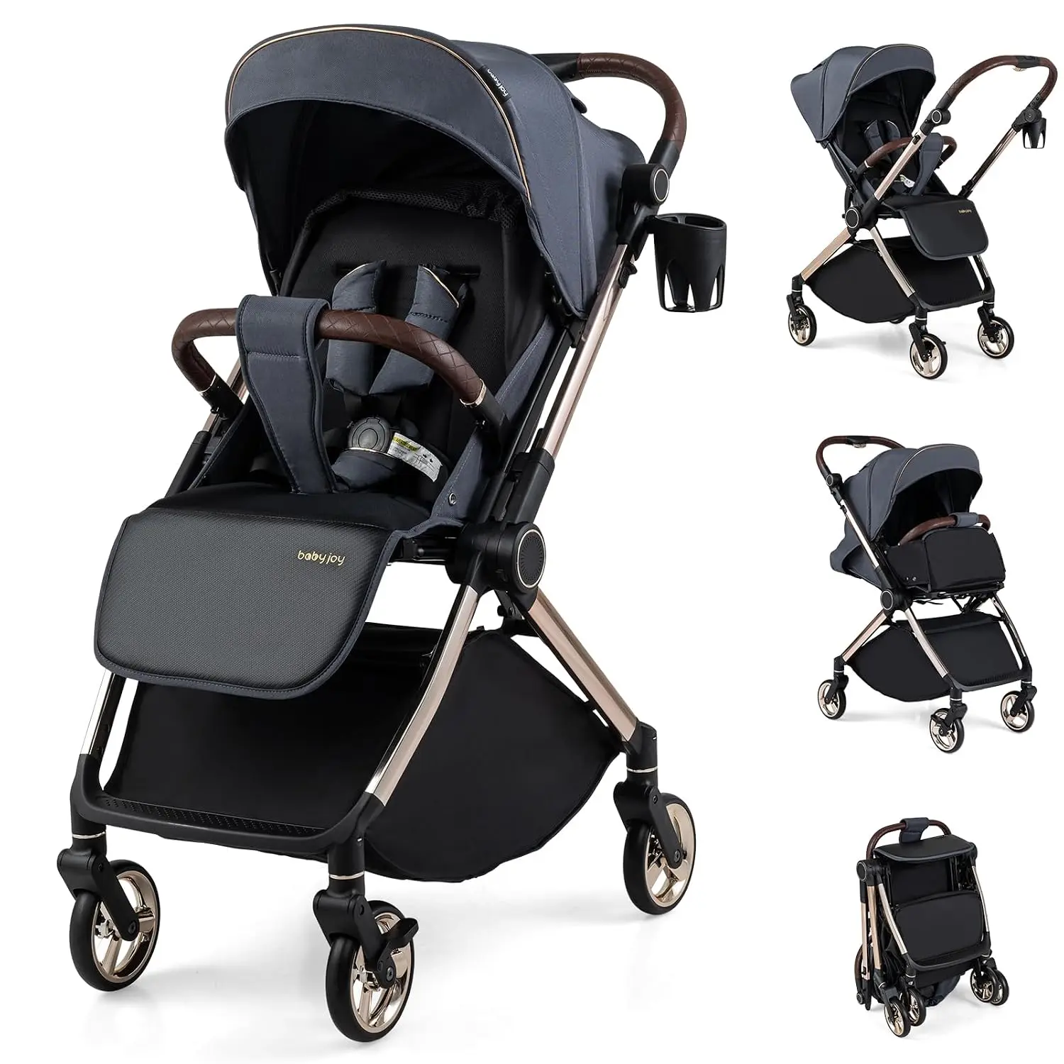 Baby Stroller with Reversible Handle & Easy One-Hand Fold | Compact Travel Stroller with Adjustable Backrest, Canopy, Cup Holder & Storage Basket for Newborn Toddlers
