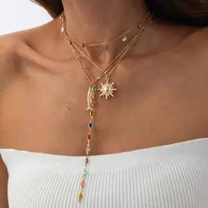Chakra Crystal Sun Fish Charm Necklace - Dangle Chain, Floating, Boho Hippie Style, Fashion Statement, Energy Balance, Good Luck Jewelry, Dangle Chain Necklaces, Fashion Statement Necklaces