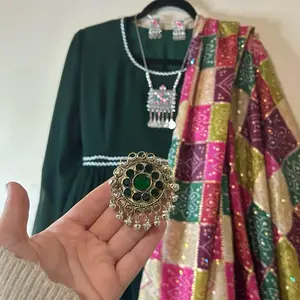 Afghan Vintage Round Ring Kuchi Coin Charm Jewelry Silver-Toned Metal with Colorful Stone Inlays Perfect for Gifting or Styling