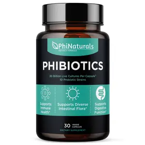 High Potency Probiotics 10 Strains 30 Billion CFUs PhiNaturals – [30 Vegan Capsules] for Women and Men Digestive Gut Health - Lactobacillus Acidophilus Salivarius Rhamnosus Bifidobacterium Probioticos