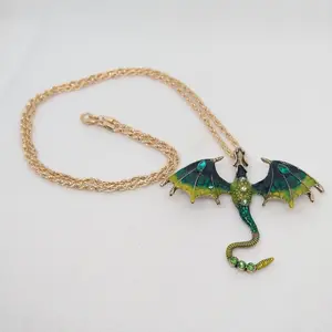 #367 Large Dark Green & Green-Yellow Dragon with Dark Green & Light Green Rhinestones Necklace with 26 inch chain, Casual Mythical Jewelry