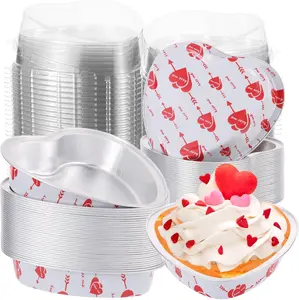 50pcs Aluminum Foil Heart Shaped Cake Pans with Lids,255 ml 9oz Disposable Baking Cups Cupcake Liners Muffin Ramekins Tins for Valentine Wedding Party