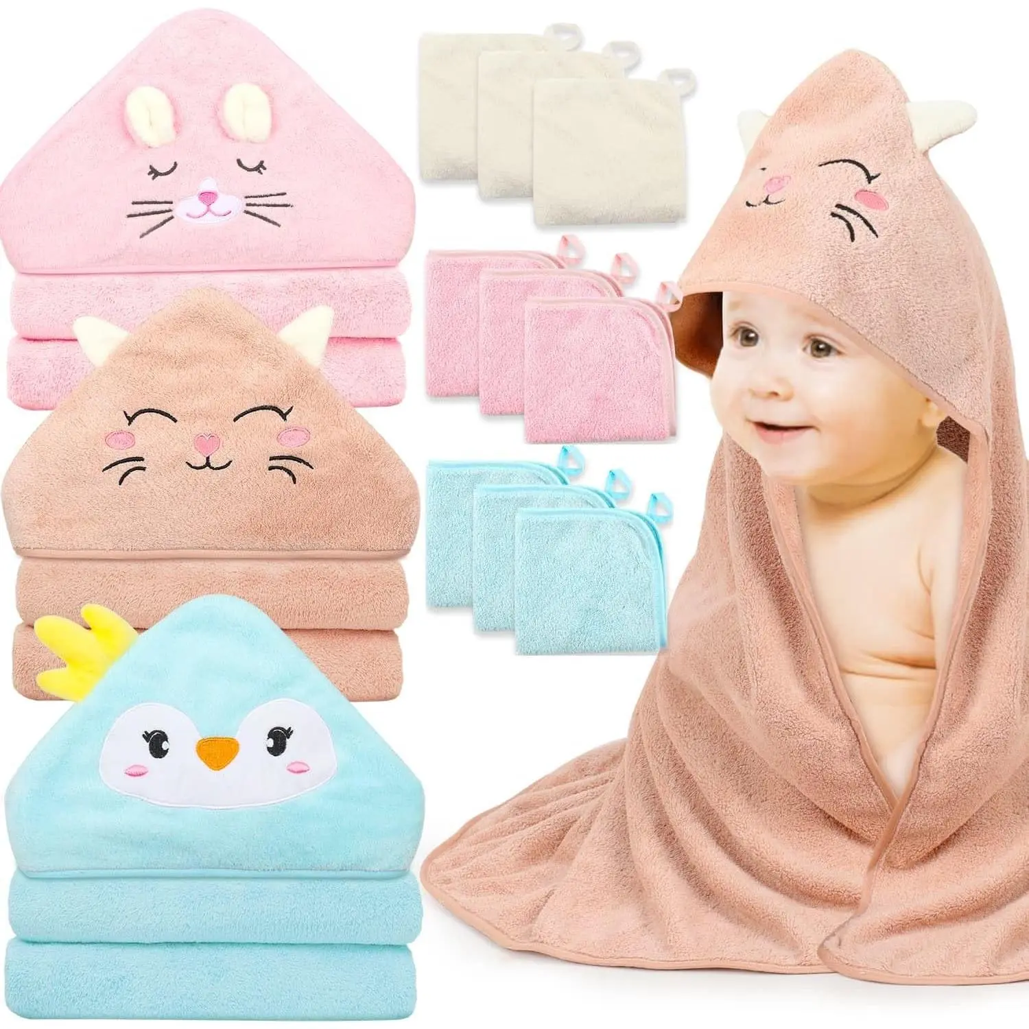 12 PCS Hooded Baby Towels, Soft Baby Towels, Absorbent Baby Bath Towels, 3 PCS Baby Towels, and 9 PCS Baby Washcloths  Newborns, Toddlers, and Kids, 32x32 in Baby Towels with Hood  Boy and Girl