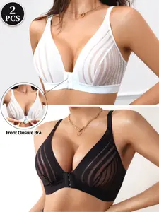Elegant Sexy Bra Set, Front Buckle Mesh Cup Wireless Bras, Medium Support Unlined Fitted Underwear, All Seasons Comfortable Lingerie
