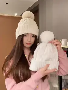 Solid Color Knitted Winter Hat, Windproof Warm Fur Hat for Women & Men, Casual Outdoor Sports Hat for Skiing, Snowboarding, Cycling, Running