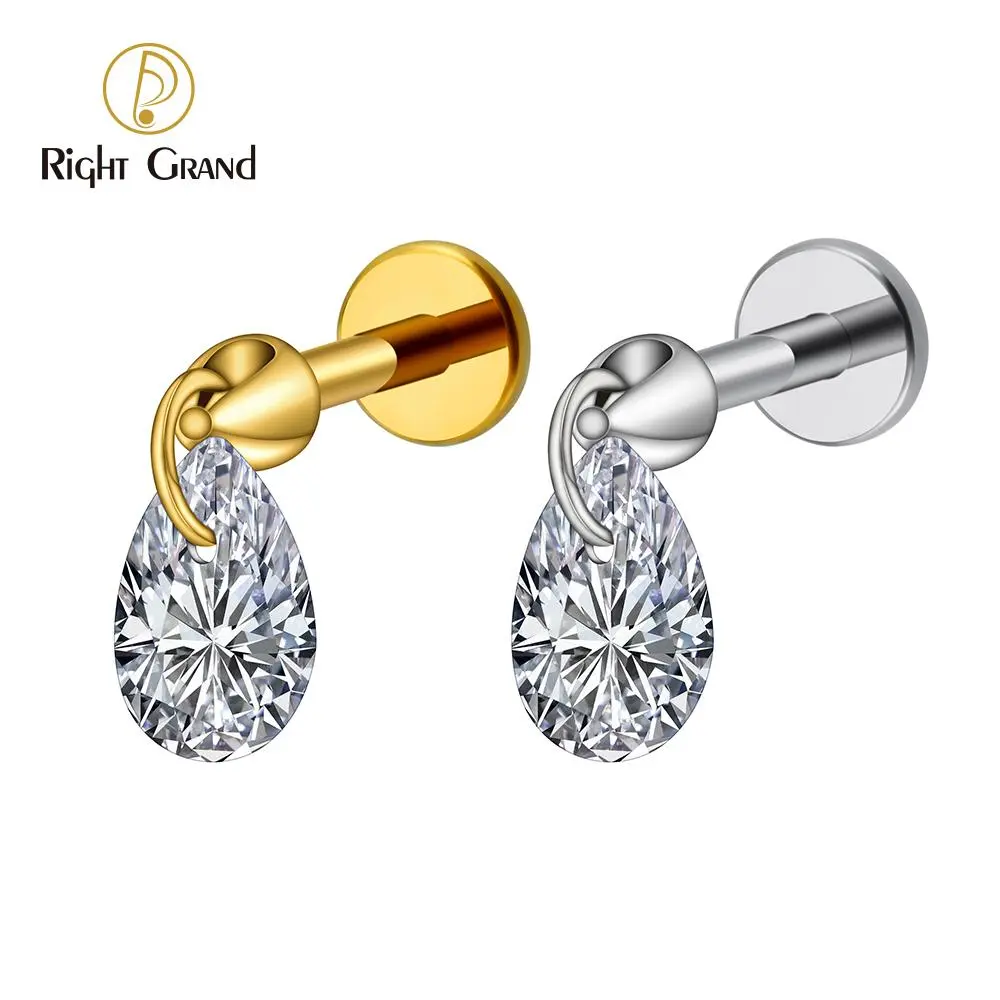 Right Grand ASTM F136 Titanium 16G Floating Pear Waterdrop CZ Dangle Charm Stud Earring Threaded Tragus Cartilage Helix Piercing