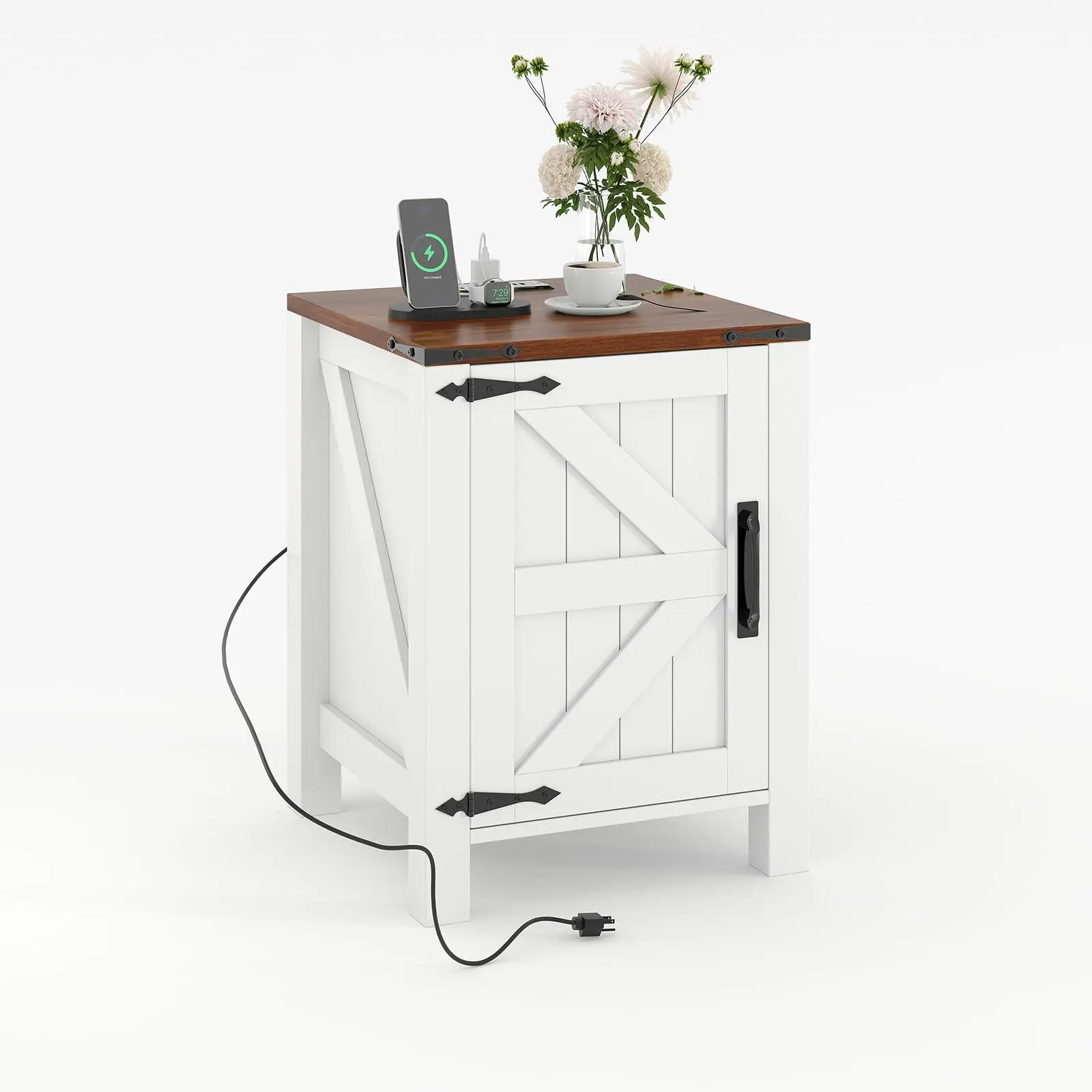 Farmhouse Nightstand with USB Charging Station, Rustic Bedside Table with Sliding Barn Door and Adjustable Shelf 18 Inch for Bedroom Living Room, White Brown