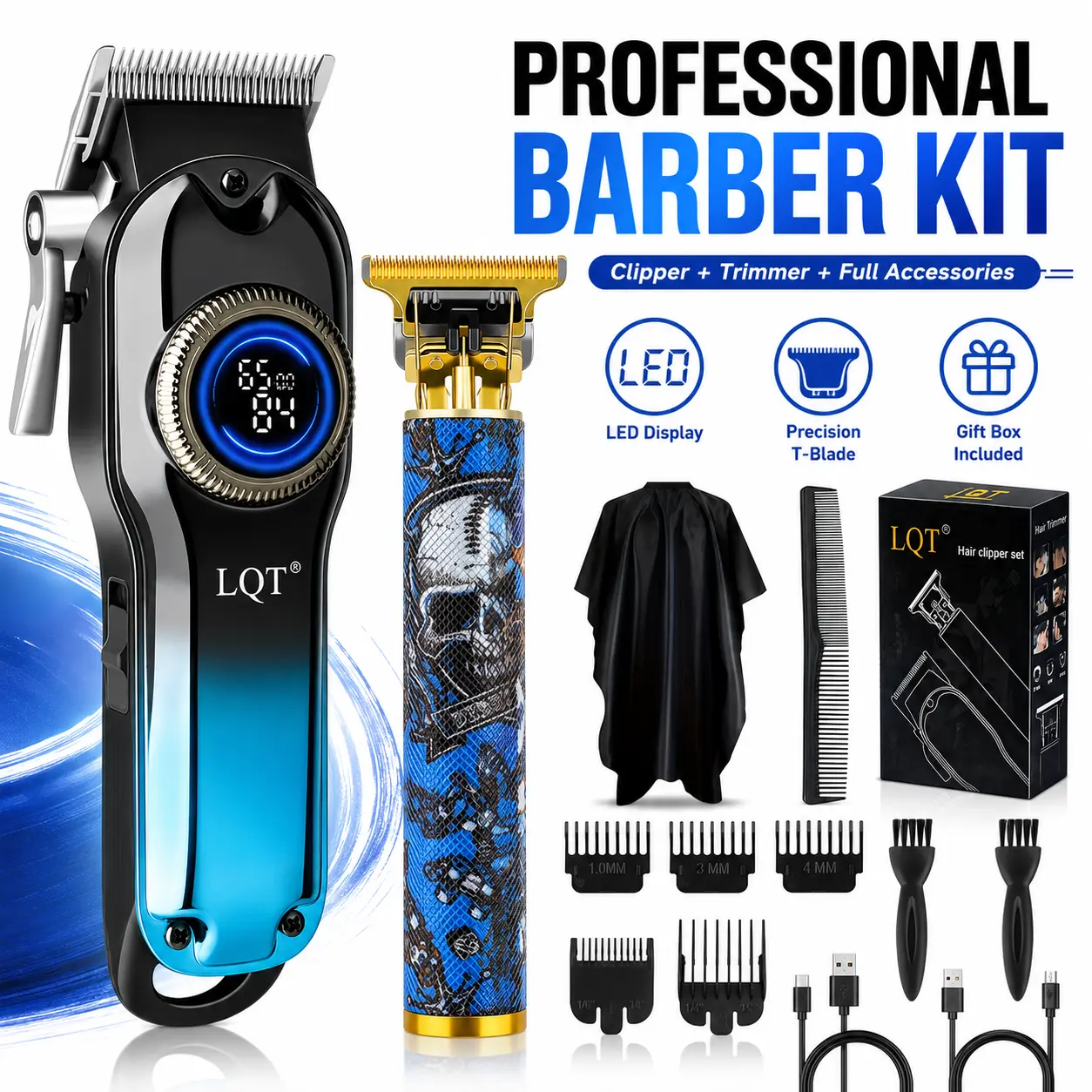 Blue Cordless Hair Clippers 2-Piece Kit, Men’s Hair Clipper & Precision Trimmer Combo, Professional Grooming Tools for Hair Cutting, Beard Styling and Sideburn Care. Powerful Motor, Sharp Blades, USB Rechargeable Design. campingessentials