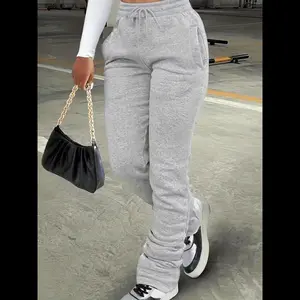 Women's?Regular Fit?Plain Pocket Drawstring Waist Stackable Sweatpants, Casual Basic Stack Pants for Daily Wear, Ladies' Sporty Bottoms for All Seasons Can be used with raincoat