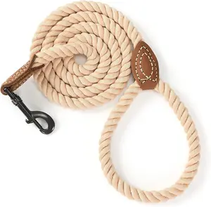 Mile High Life Dog Leash, Braided Cotton Rope Leashes with Leather Tip - Heavy Duty Metal Clasp, 6FT, 1/2" Thick - Wedding, Walking & Training Leash for Small Medium Large Dogs (Light Brown) Universal Promotions