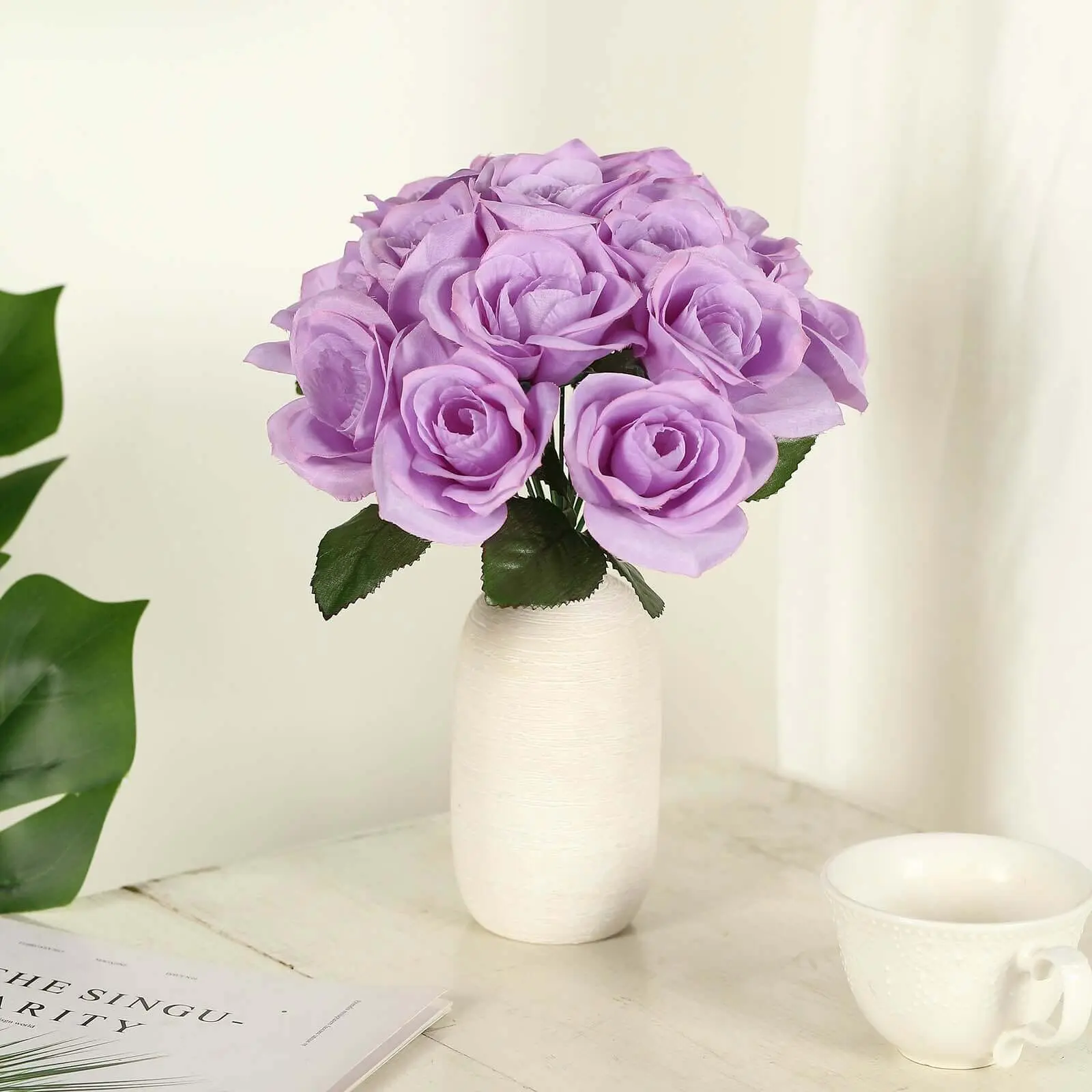 Lavender Lilac Velvet-Like Artificial Rose Bouquet, 12" Decorative Floral Arrangement