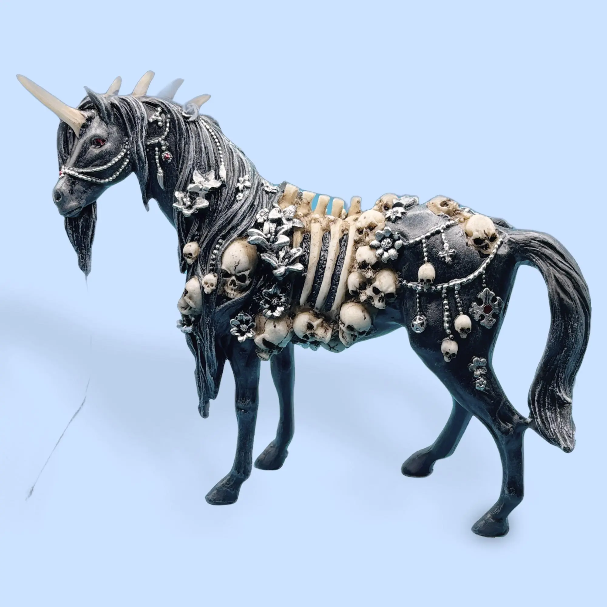 Skull Unicorn Statue, 10 in Length Home Altar Decor Figurine