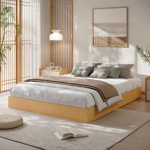 California King Size Solid Wood Platform Bed with Sturdy Wooden Slats, Floor-Standing Bed Frame, Modern Minimalist Design Bed Frame,Golden Tan Wood