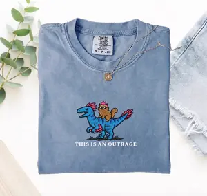 Embroidered Fantasy Cat & Dinosaur Shirt - Cute Retro Bookish Sweatshirt - Aesthetic Geeky Cat Lover Tee BookTok Trend