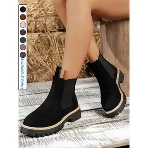 Women’s faux suede Chelsea boots, fashion slip-on thick sole casual short boots, warm lining anti-slip rubber ankle boots