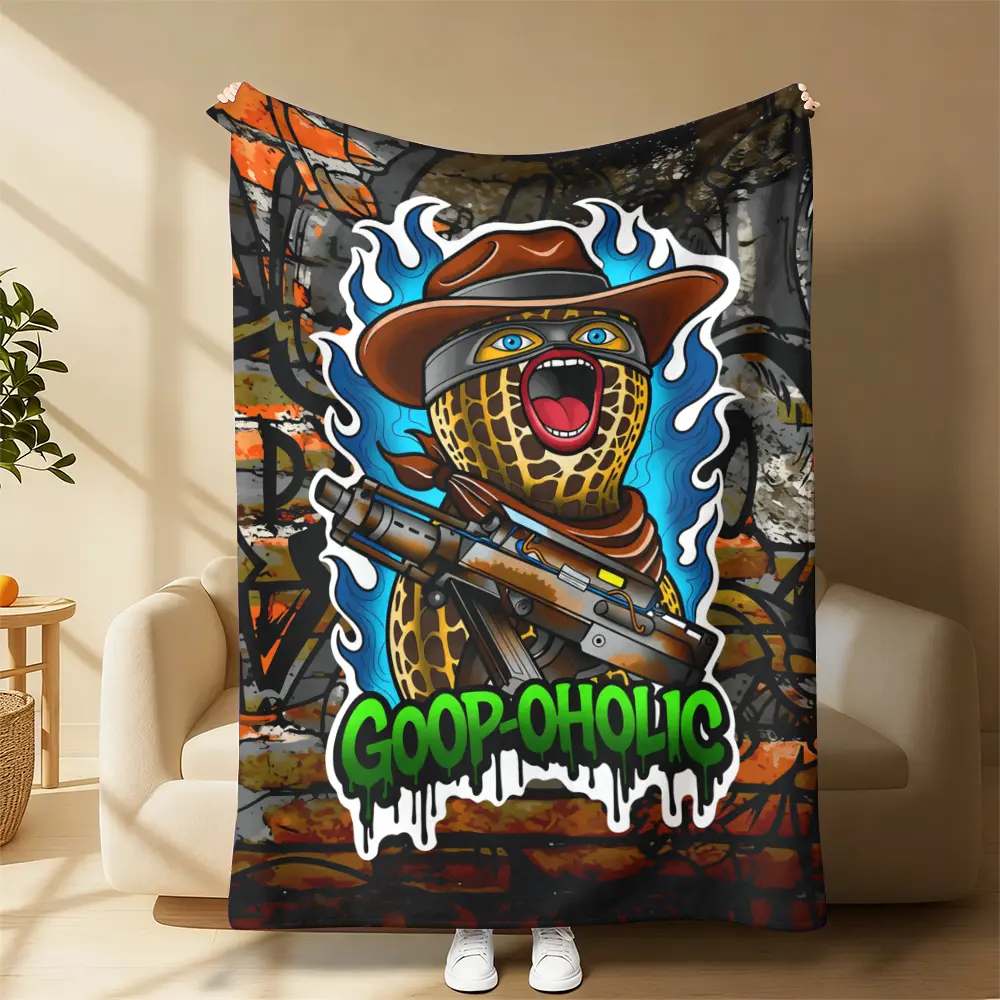 Goop-Oholic Cowboy Peanut Bandit Throw Blanket, Blue Flame Graffiti Tactical Gun Western Peanut Cartoon Fleece Blanket, Soft Warm Blanket For Sofa Bed Couch Office Nap, Holiday Birthday Christmas Gift For Goop Meme Lovers Western Gag Cartoon Fans