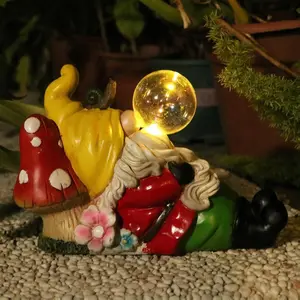 Garden Gnome Statue Outdoor Decor, Funny Gnome Figurine Lying on Mushroom with Crackle Globe Lights, Waterproof Resin Sculptures Lawn Ornament Tabletop Decorations for Porch Yard Decor